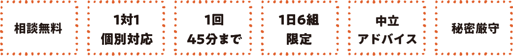 相談無料 1対1個別対応 1回45分まで 1日6組限定 中立アドバイス 秘密主義