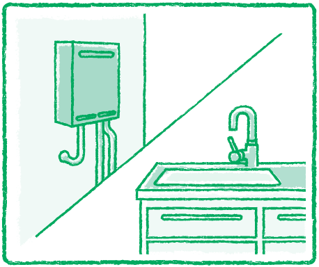 ガス給湯器とキッチンのイラスト